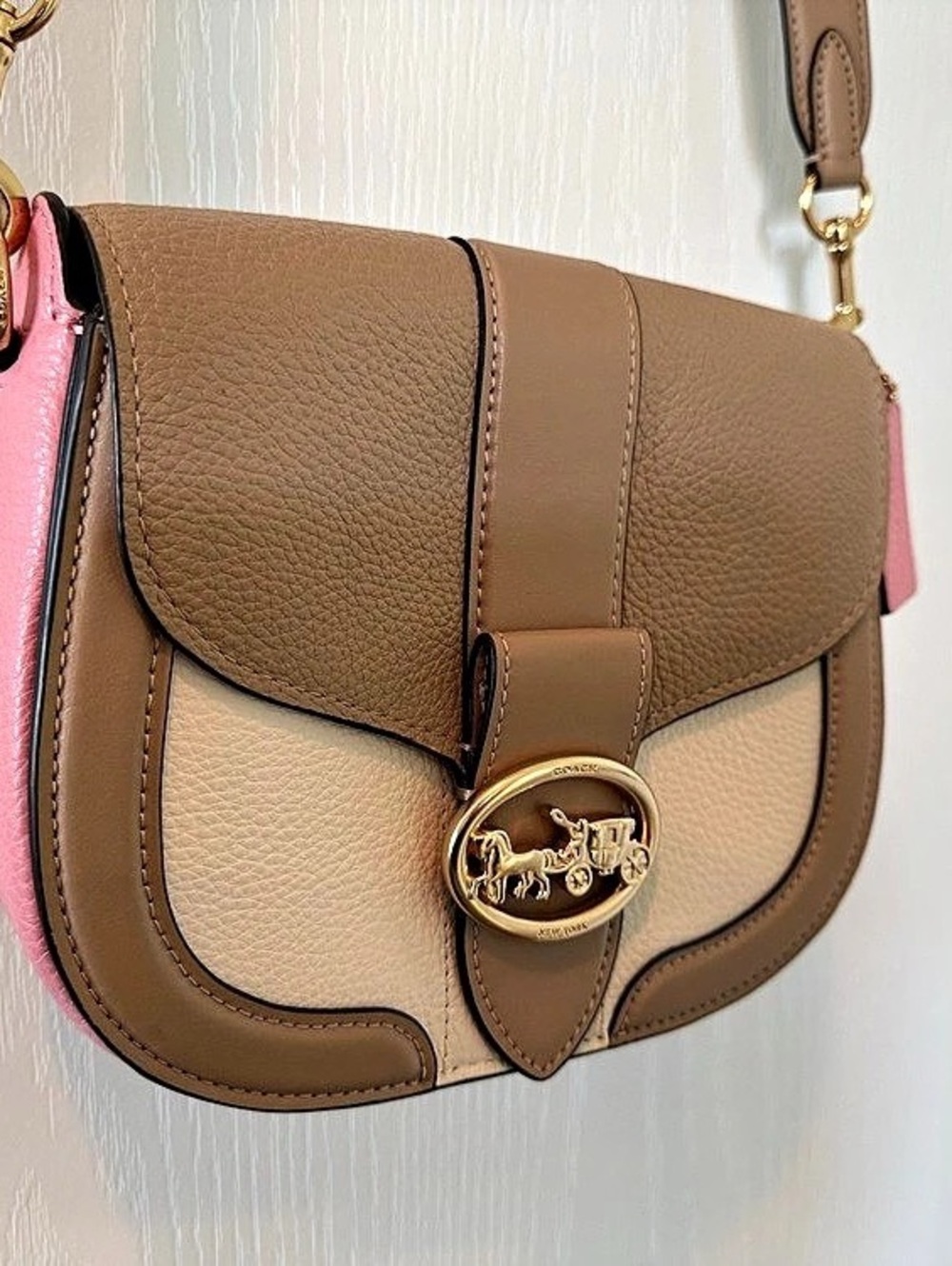 Coach Georgie Saddle Bag in Colorblock Leather Colorblock Crossbody Brown & Pink